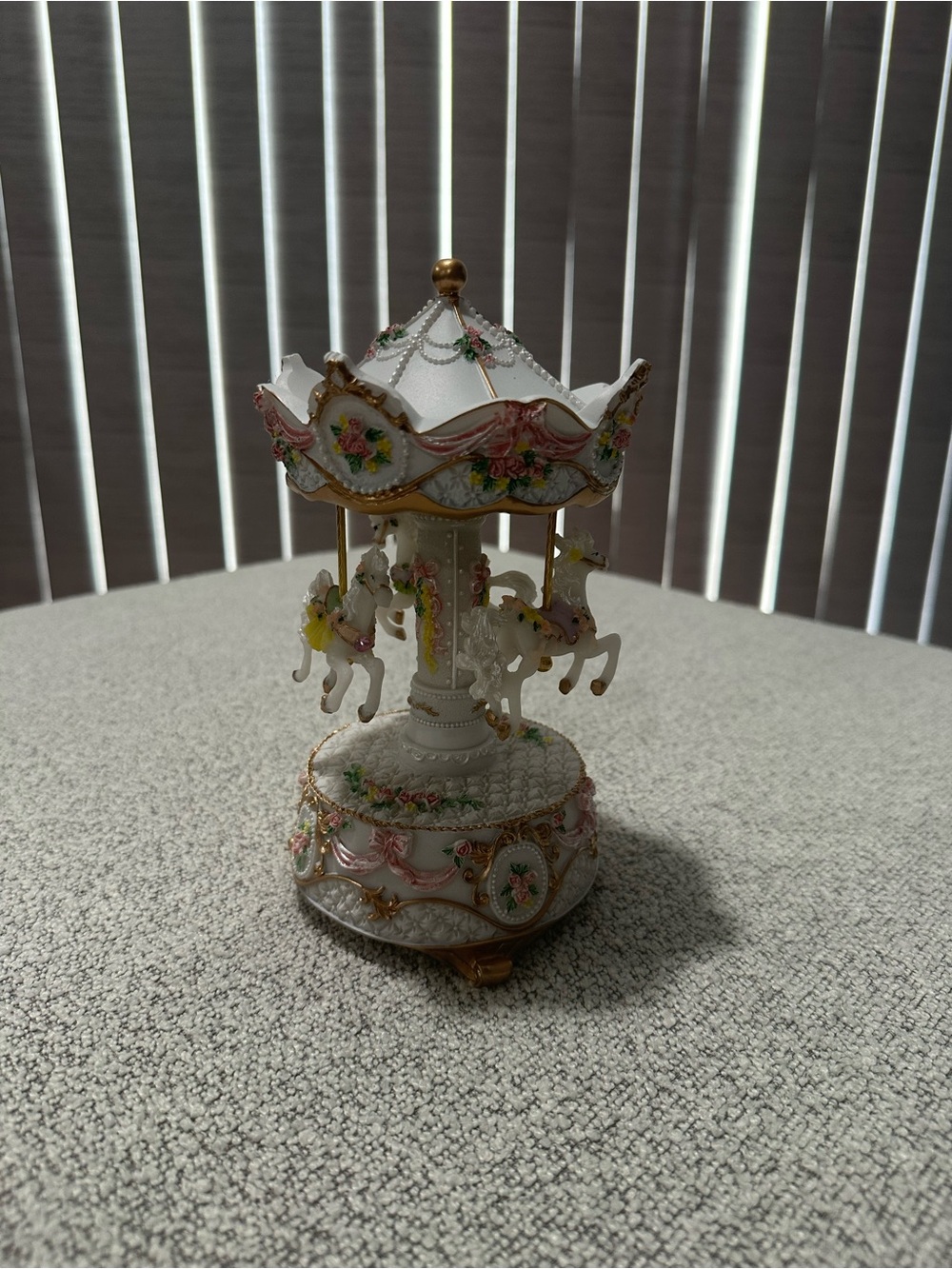 Porcelain Carousel Music Box - White with Pink & Gold Accents